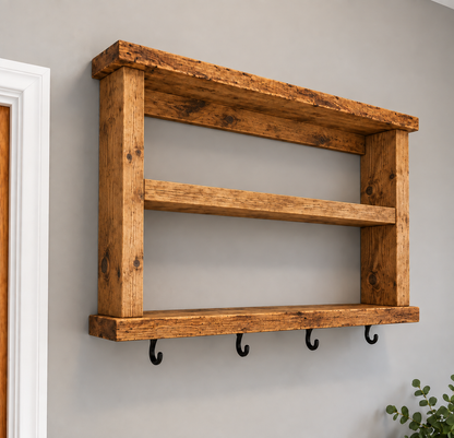 Wall Mounted Coat Rack Shelf with Hooks | Wooden Hallway Storage