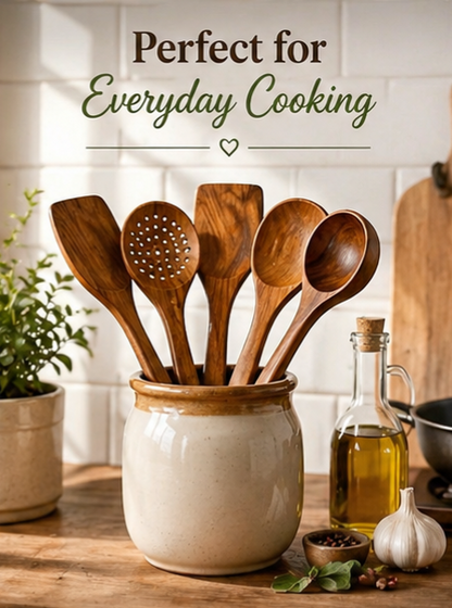 Wooden Kitchen Utensil Set – 5 Piece Natural Wooden Cooking Utensils | Spoon, Slotted Spoon, Spatula & Ladle Set
