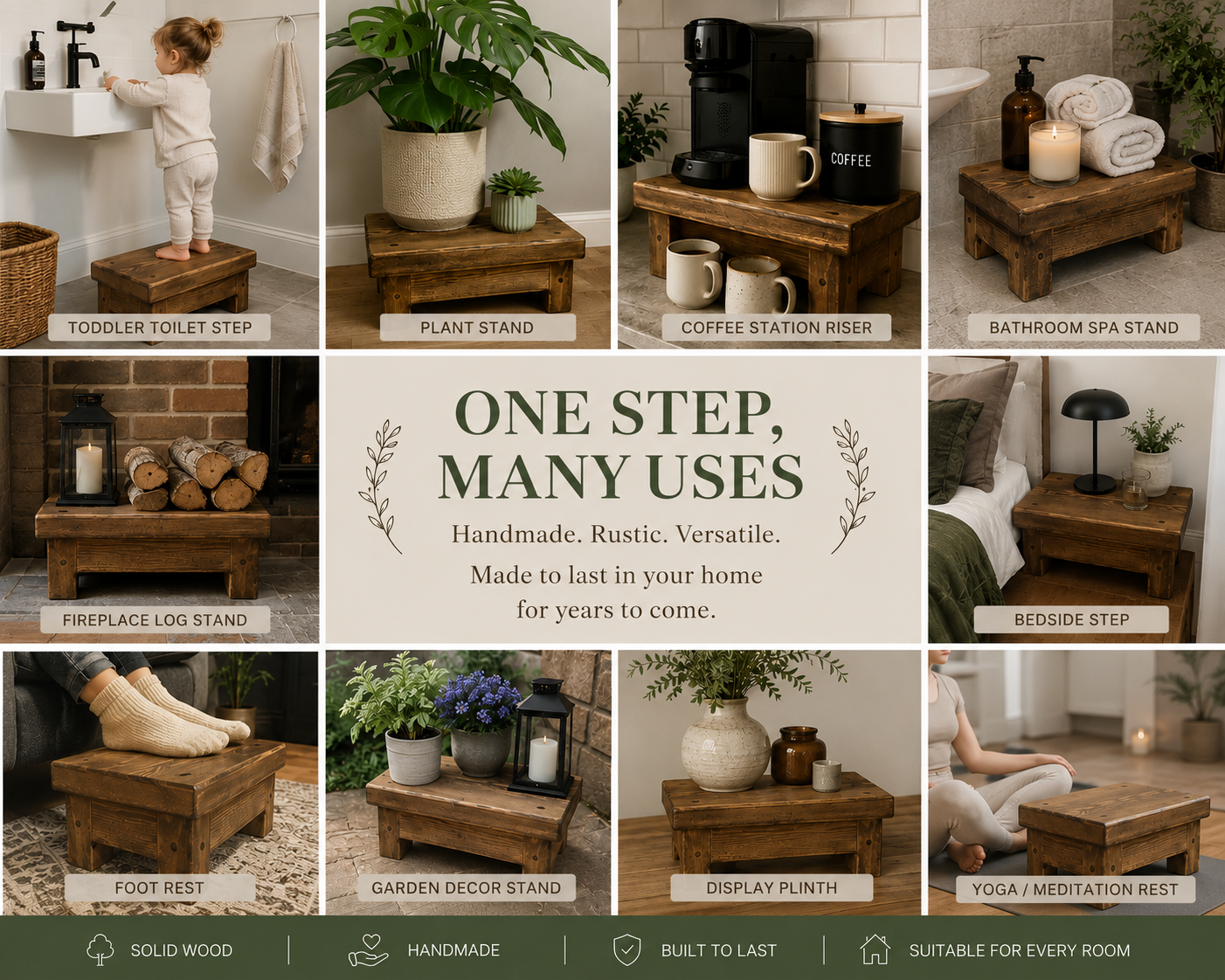 Handmade Wooden Step Stool | Rustic Solid Wood Toddler Step, Bathroom Stool, Kitchen Step & Multi-Purpose Footstool