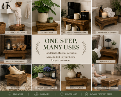 Handmade Wooden Step Stool | Rustic Solid Wood Toddler Step, Bathroom Stool, Kitchen Step & Multi-Purpose Footstool