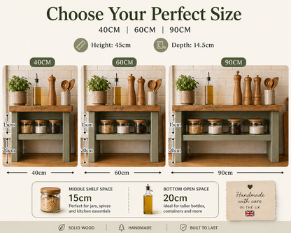 Wooden Kitchen Worktop Organiser Riser | Rustic Countertop Storage Shelf | Freestanding Kitchen Shelf | Spice Jar & Coffee Station Organiser