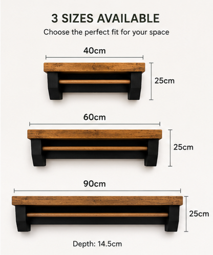 Rustic Coffee Shelf with Mug Hooks – Wooden Wall Mounted Coffee Station Shelf
