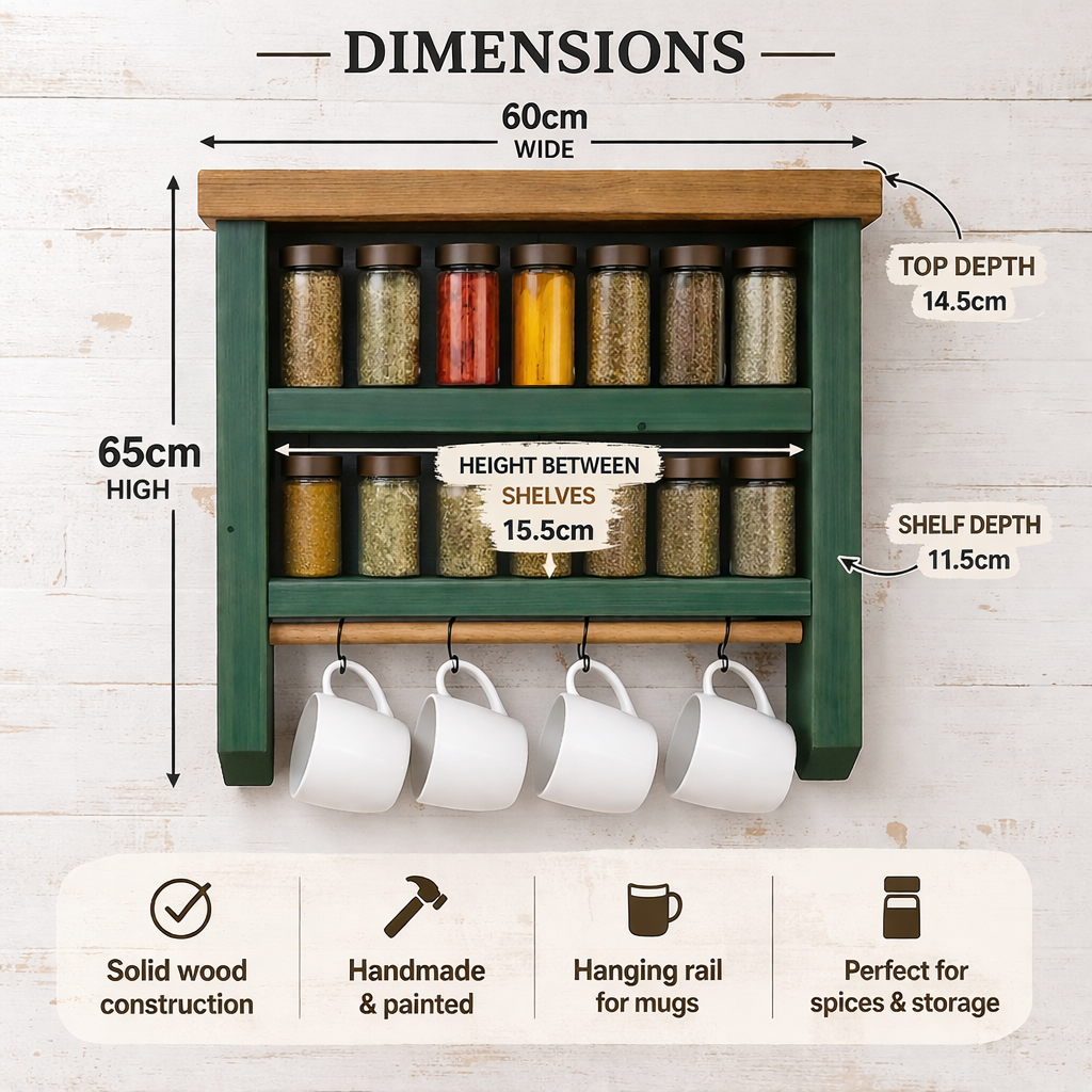 Wooden Spice Rack & Coffee Station Shelf with Mug Rail | Handmade Kitchen Wall Storage