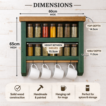 Wooden Spice Rack & Coffee Station Shelf with Mug Rail | Handmade Kitchen Wall Storage