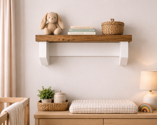 Rustic Nursery Shelf with White Brackets | Solid Wooden Nursery Wall Shelf | Baby Room Shelf | Floating Nursery Book & Toy Display
