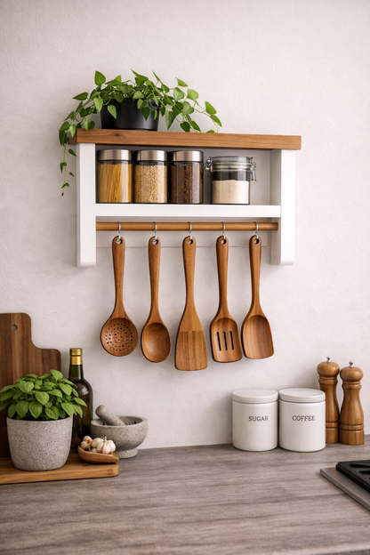 Rustic Kitchen Wall Shelf with Mug Rail – Wooden Spice Rack & Storage Shelf