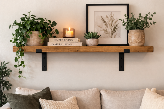 Rustic Wooden Lounge Shelf with Black Metal Brackets | Floating Wall Shelf for Living Room | Handmade Style Display Shelf