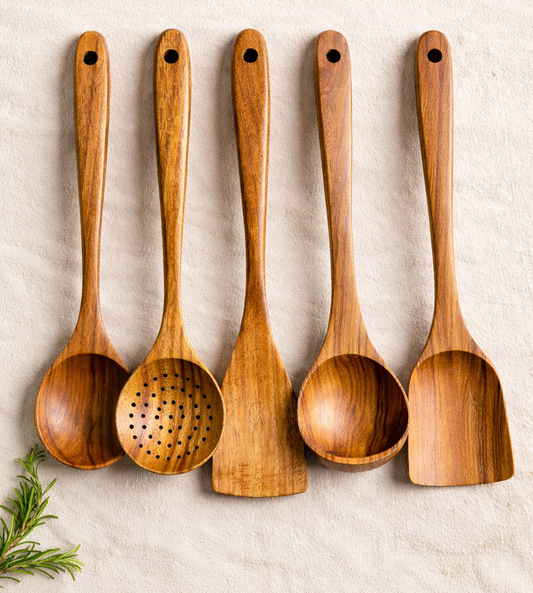 Wooden Kitchen Utensil Set – 5 Piece Natural Wooden Cooking Utensils | Spoon, Slotted Spoon, Spatula & Ladle Set
