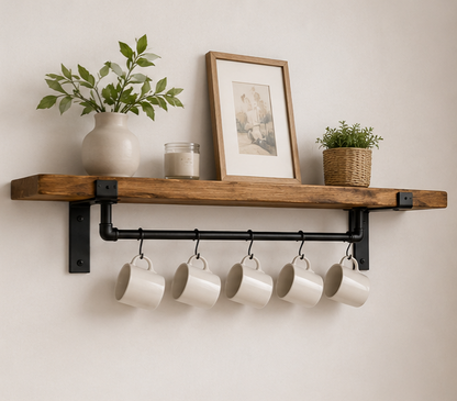 Rustic Wooden Kitchen Shelf with Hanging Rail & Hooks 17cm/7 inches Deep | Wall Mounted Storage Style Shelf | Coffee Station Mug Rack | Handmade Scaffold Board Shelf