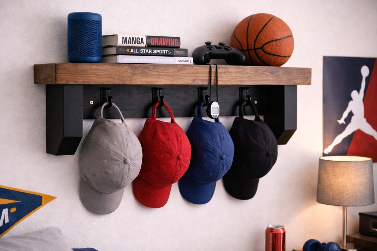 Rustic Wooden Cap Shelf with Hooks | Handmade Hat Display & Wall Storage for Bedroom, Hallway & Gaming Room