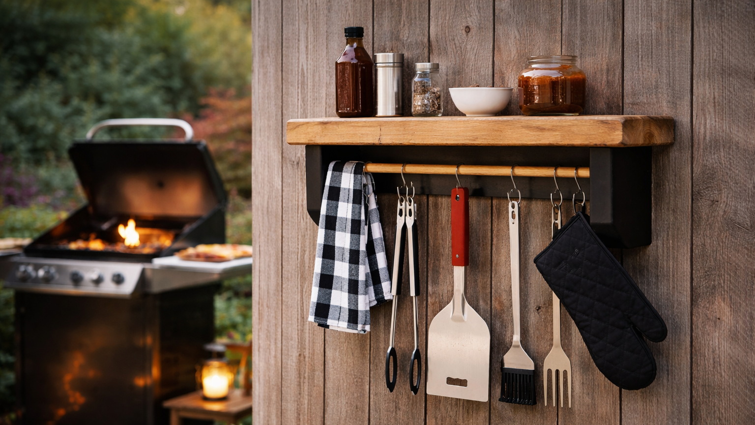 A wooden wall-mounted shelf holds kitchen and grilling accessories, including a black-and-white checkered towel, spatula, brush, fork, oven mitt, bottles, and jars, against a wood plank wall with a blurred grill in the background.