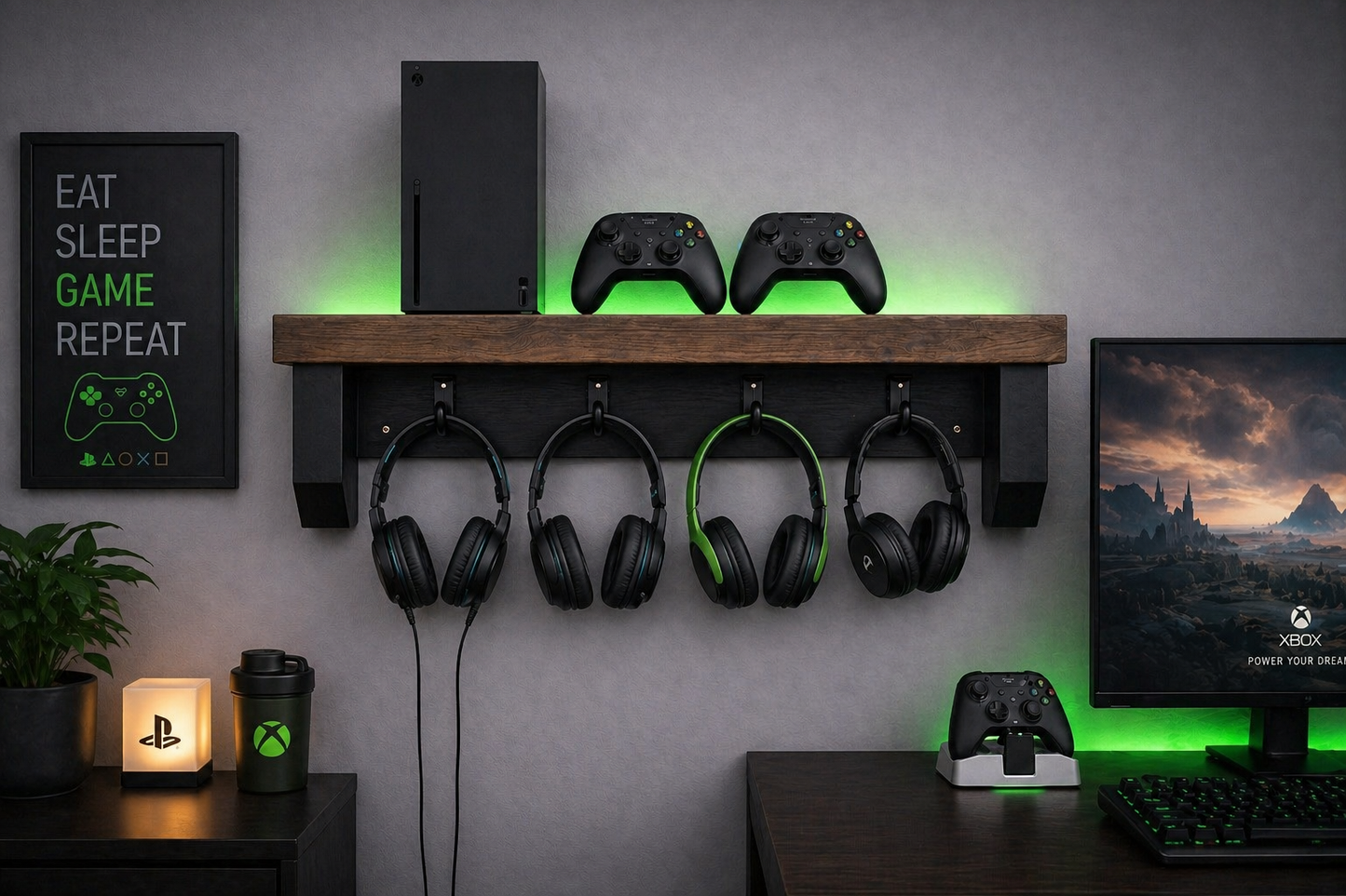 Gaming Shelf with Headphone Hooks – Handmade Wooden Console & Controller Storage Shelf