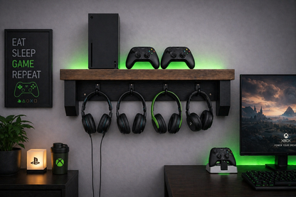 Gaming Shelf with Headphone Hooks – Handmade Wooden Console & Controller Storage Shelf