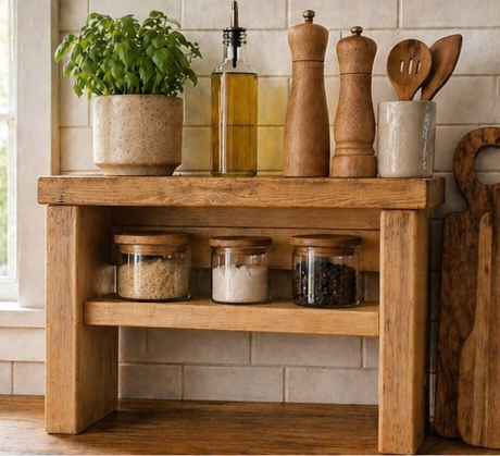 Wooden Kitchen Worktop Organiser Riser | Rustic Countertop Storage Shelf | Freestanding Kitchen Shelf | Spice Jar & Coffee Station Organiser