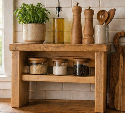 Wooden Kitchen Worktop Organiser Riser | Rustic Countertop Storage Shelf | Freestanding Kitchen Shelf | Spice Jar & Coffee Station Organiser