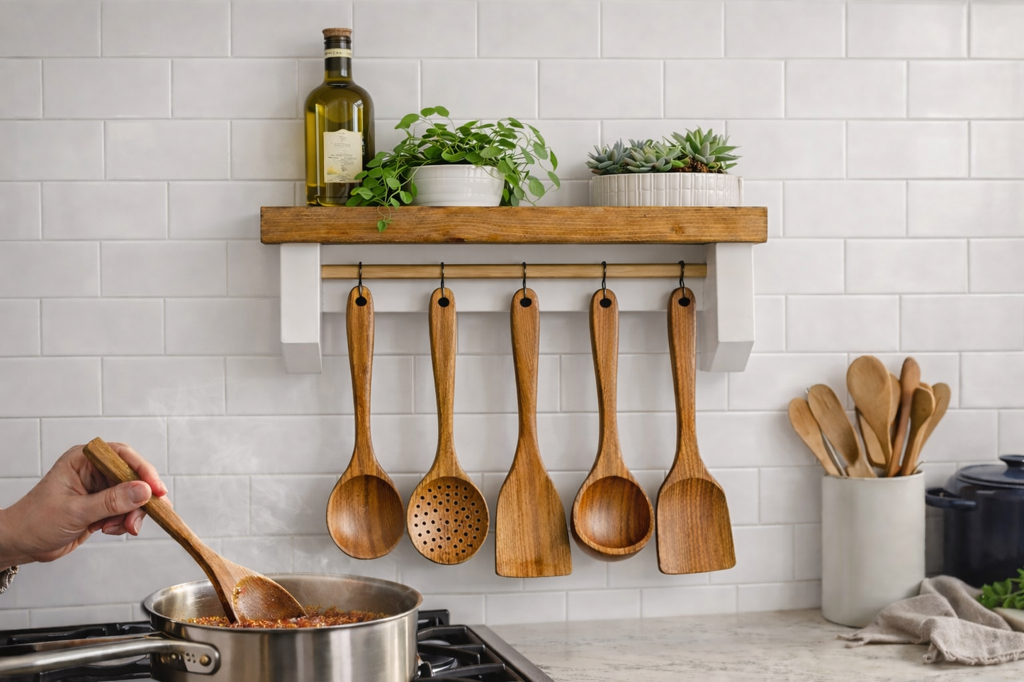 Wooden Kitchen Utensil Set – 5 Piece Natural Wooden Cooking Utensils | Spoon, Slotted Spoon, Spatula & Ladle Set