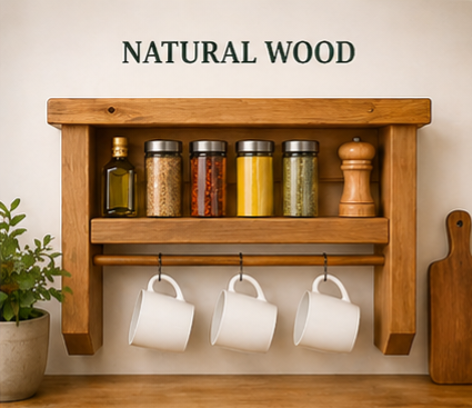 Rustic Kitchen Wall Shelf with Mug Rail – Wooden Spice Rack & Storage Shelf