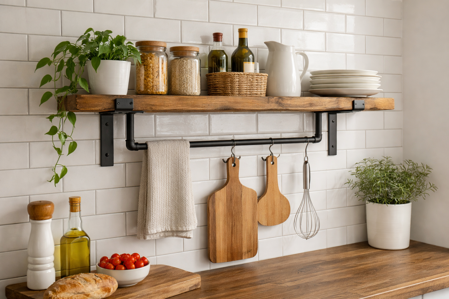Rustic Wooden Kitchen Shelf with Hanging Rail & Hooks 17cm/7 inches Deep | Wall Mounted Storage Style Shelf | Coffee Station Mug Rack | Handmade Scaffold Board Shelf