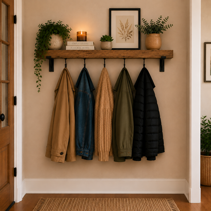 Rustic Coat Rack Shelf with Hooks 22cm/9 inches Deep | Wooden Hallway Storage Shelf | Entryway Coat Hanger | Wall Mounted Coat Rack