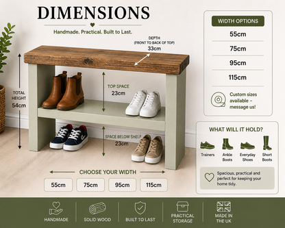Rustic Wooden Shoe Rack Bench 33cm Deep | Hallway Storage Bench | Entryway Shoe Storage Shelf | Handmade Shoe Organiser