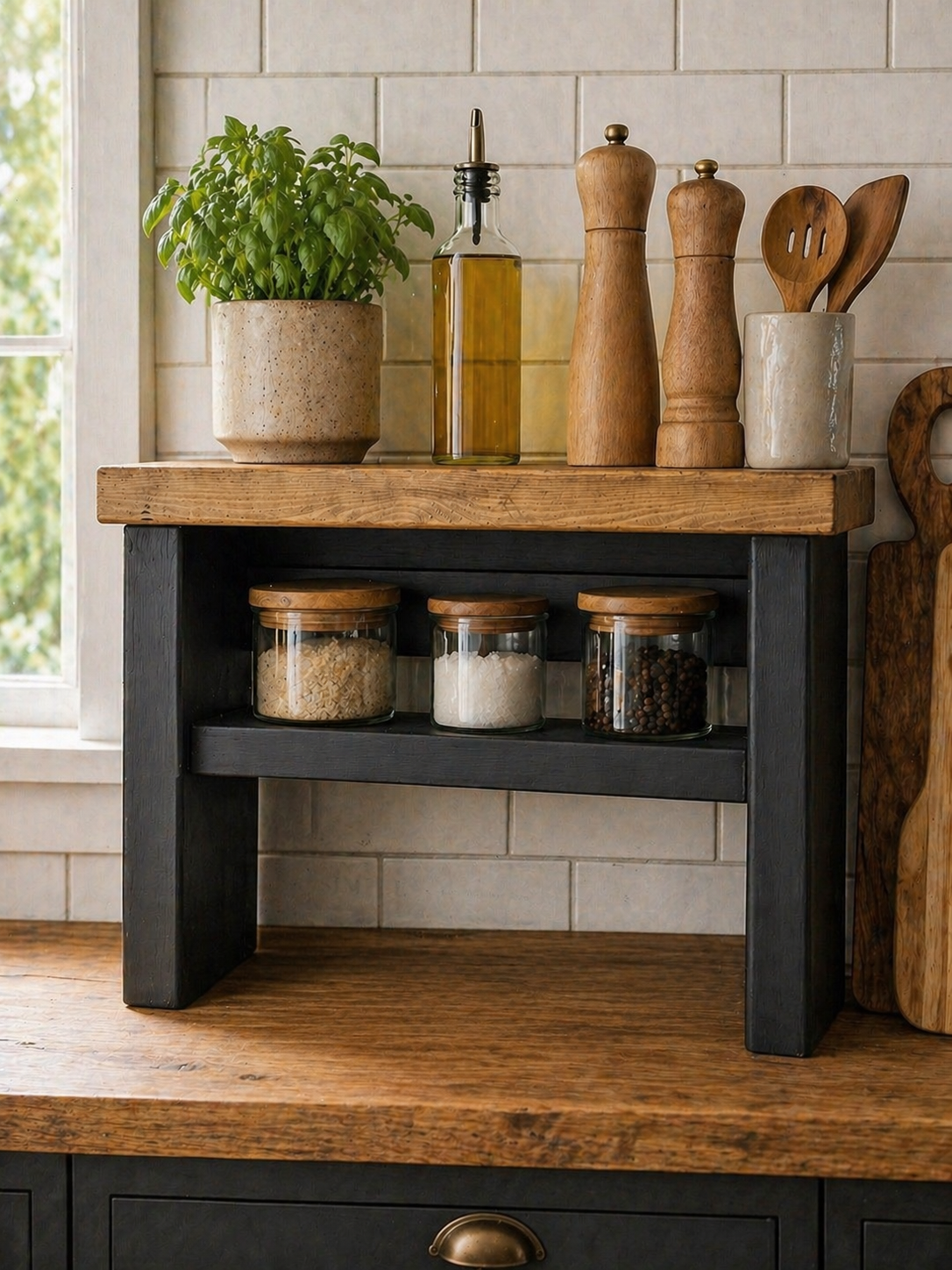 Wooden Kitchen Worktop Organiser Riser | Rustic Countertop Storage Shelf | Freestanding Kitchen Shelf | Spice Jar & Coffee Station Organiser