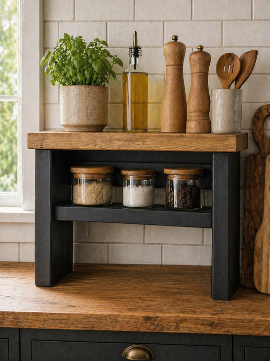 Wooden Kitchen Worktop Organiser Riser | Rustic Countertop Storage Shelf | Freestanding Kitchen Shelf | Spice Jar & Coffee Station Organiser