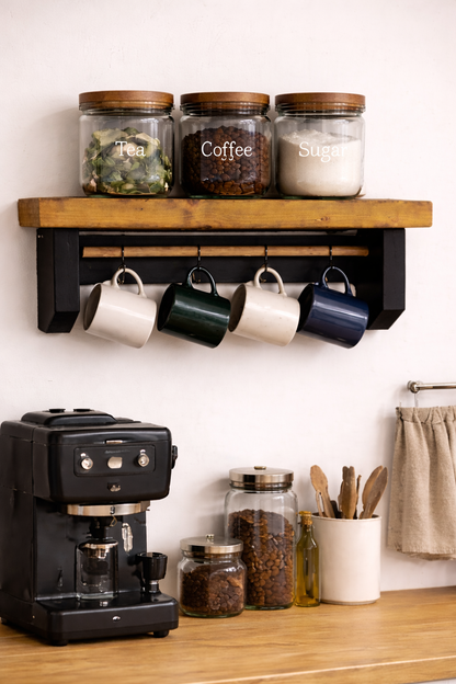 Coffee station with jars, mugs, and a coffee machine on a wooden shelf.
