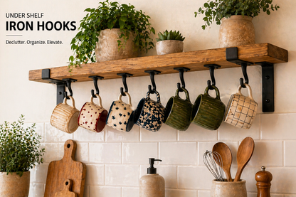 Under Shelf Mug Hooks | Space Saving Coffee Cup Holder | Kitchen Mug Storage Rack | Metal Under Cabinet Hooks | Handmade Organisation