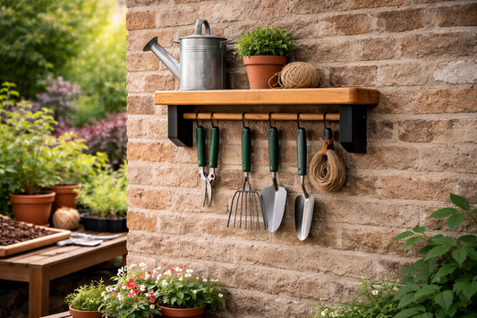 Garden Tool Organiser Shelf with Hanging Rail | Rustic Wooden Wall Storage for Shed, Garage & Potting shelf