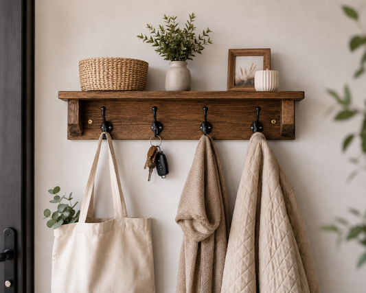 Rustic Wooden Coat Rack Shelf with Heavy Duty Hooks | Wall Mounted Hallway Storage