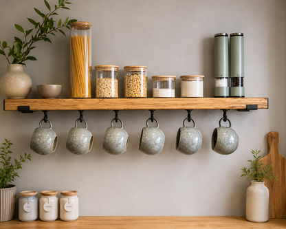 Rustic Wooden Kitchen Shelf 14.5cm/6 inches deep with Hooks & Brackets | Wall Mounted Mug Rack | Farmhouse Coffee Station Shelf