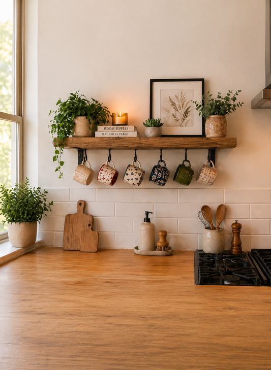 Rustic Wooden Kitchen Shelf 17cm/7 inches deep with Hooks & Brackets | Wall Mounted Mug Rack | Farmhouse Coffee Station Shelf