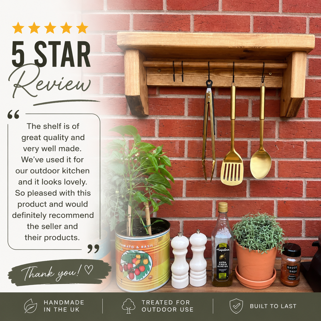 BBQ Shelf with Utensil Rail | Rustic Wooden Outdoor Grill Shelf | Handmade Garden BBQ Storage Shelf | Spice & Sauce Rack