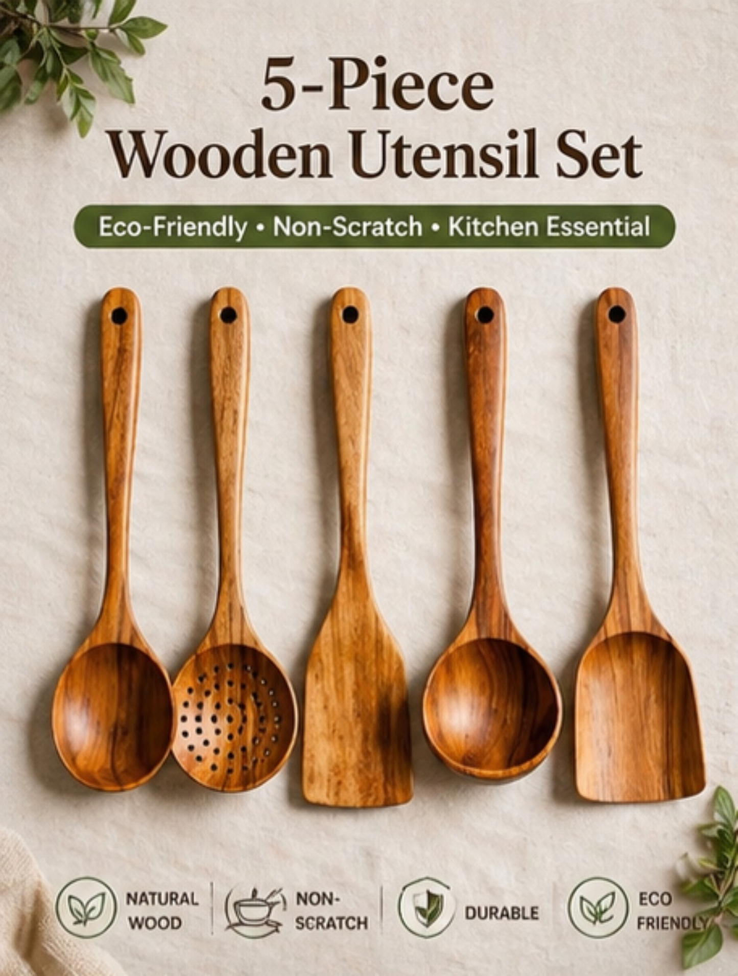 Wooden Kitchen Utensil Set – 5 Piece Natural Wooden Cooking Utensils | Spoon, Slotted Spoon, Spatula & Ladle Set